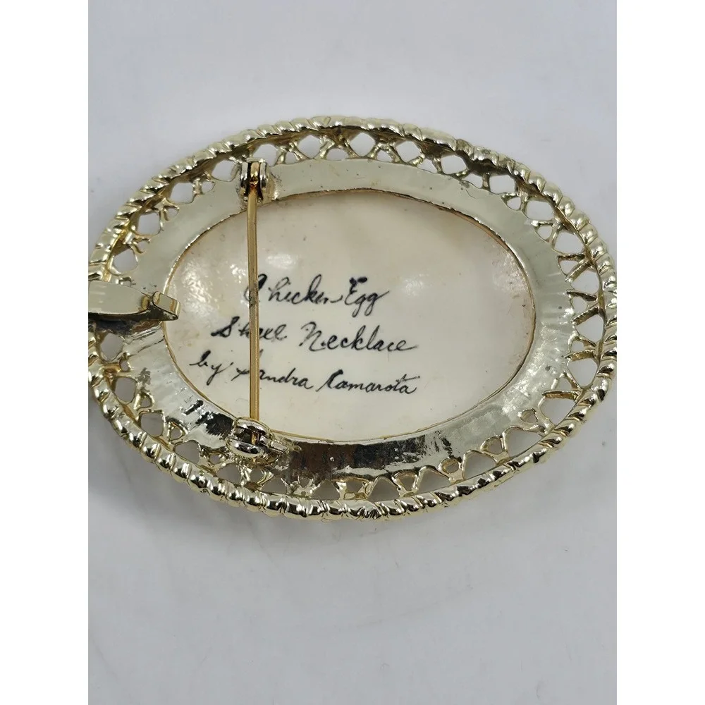 Vintage 1975 Sandra Camarota Hand Painted Eggshell Floral Brooch Pendant Set 2pc